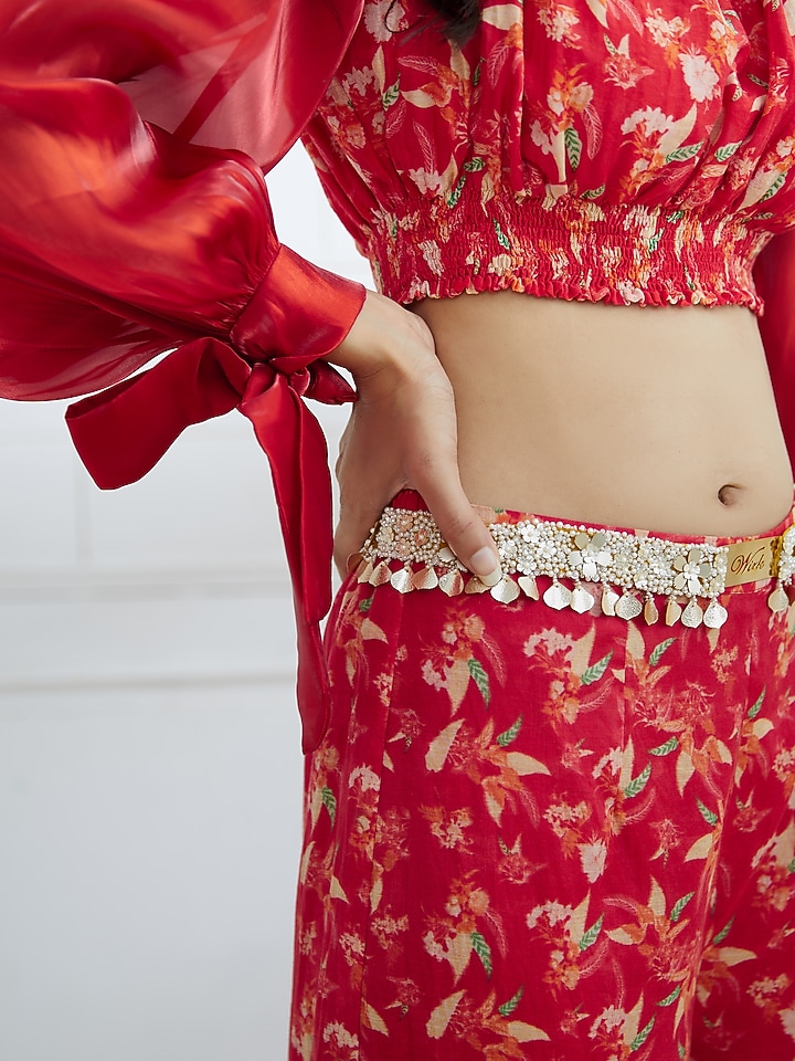 Red Printed Top With Tiered Wedding Sharara Pants by Mandira Wirk - Indian at Pernia's Pop Up Shop