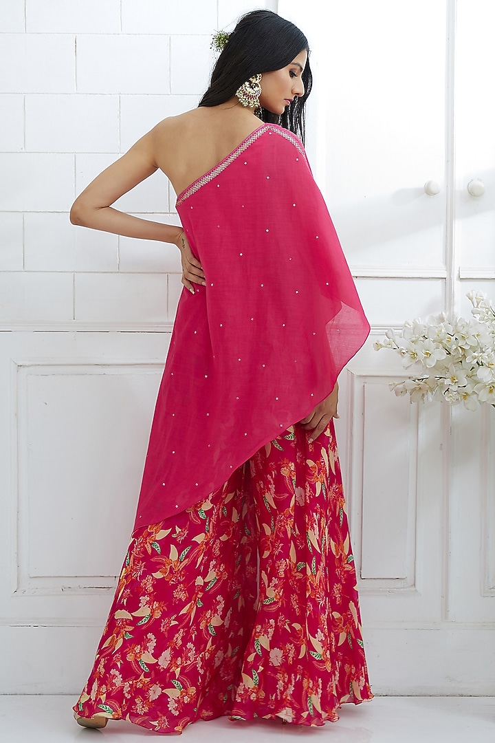Fuchsia Embroidered Tunic With Printed Wedding Sharara Pants by Mandira Wirk - Indian at Pernia's Pop Up Shop