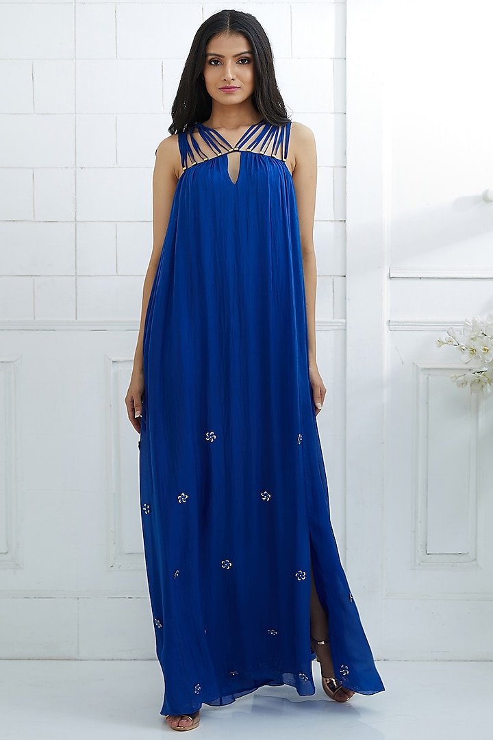 Royal Blue Embroidered Dress by Mandira Wirk