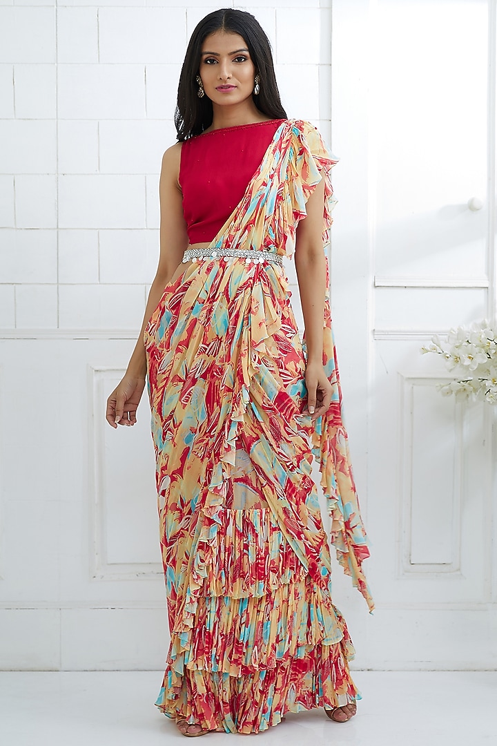 Red Chiffon Digital Printed Pre-Stitched Ruffled Saree Set by Mandira Wirk