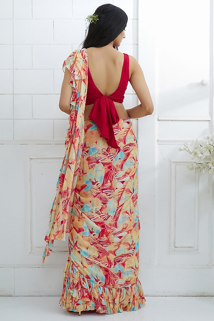 Red Chiffon Digital Printed Pre-Stitched Ruffled Wedding Saree Set by Mandira Wirk - Indian at Pernia's Pop Up Shop