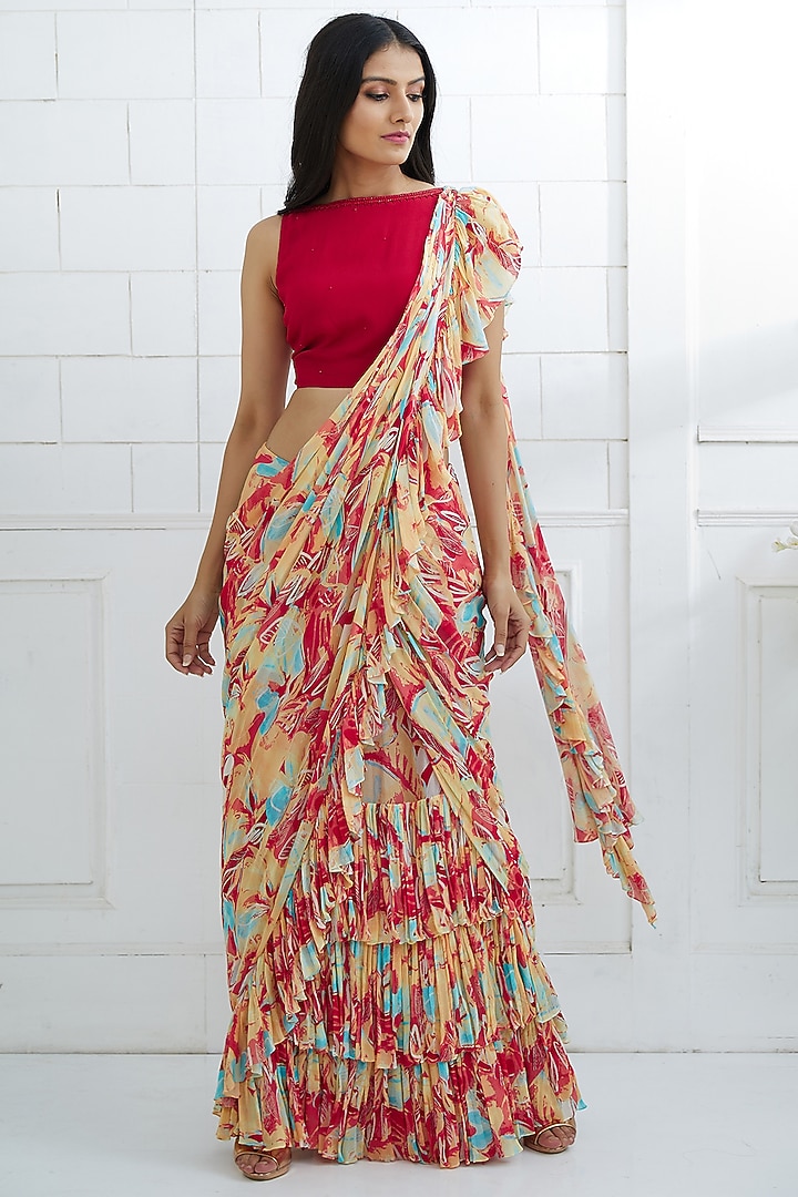 Red Chiffon Digital Printed Pre-Stitched Ruffled Wedding Saree Set by Mandira Wirk - Indian at Pernia's Pop Up Shop
