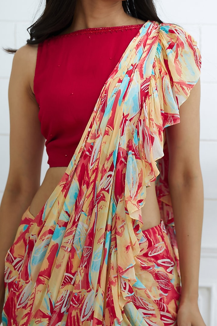 Red Chiffon Digital Printed Pre-Stitched Ruffled Wedding Saree Set by Mandira Wirk - Indian at Pernia's Pop Up Shop