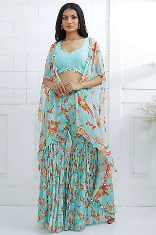 Aqua Blue Embroidered Blouse With Printed Pants & Cape by Mandira Wirk - Indian
