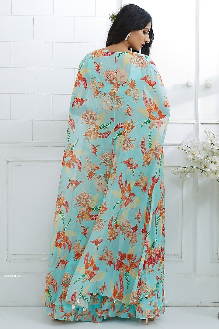 Aqua Blue Embroidered Blouse With Printed Pants & Cape by Mandira Wirk - Indian at Pernia's Pop Up Shop