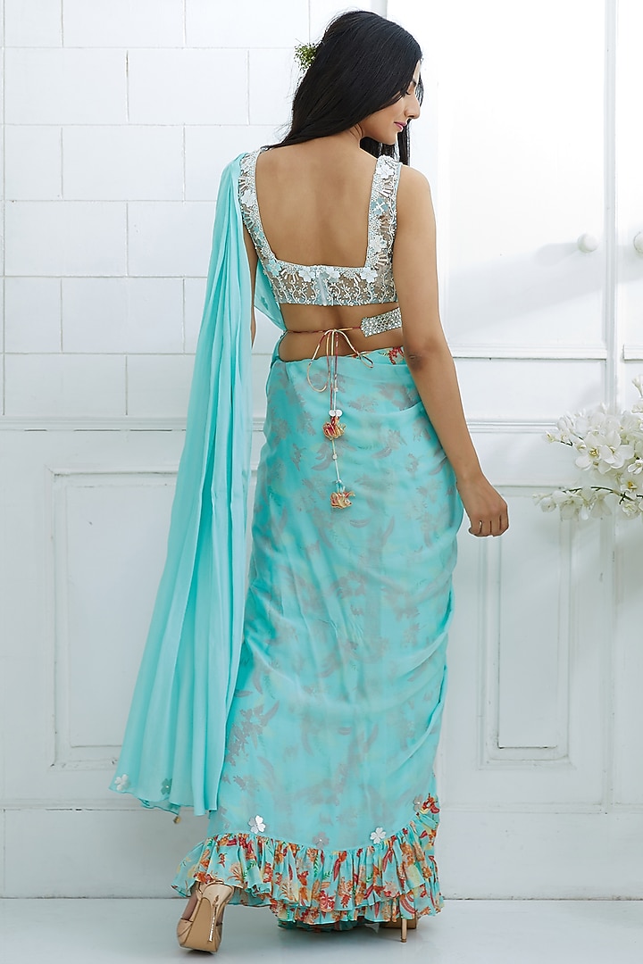 Aqua Blue Chiffon Digital Printed Pre-Stitched Wedding Saree Set by Mandira Wirk - Indian at Pernia's Pop Up Shop