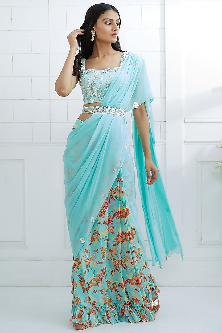 Aqua Blue Chiffon Digital Printed Pre-Stitched Wedding Saree Set by Mandira Wirk - Indian at Pernia's Pop Up Shop