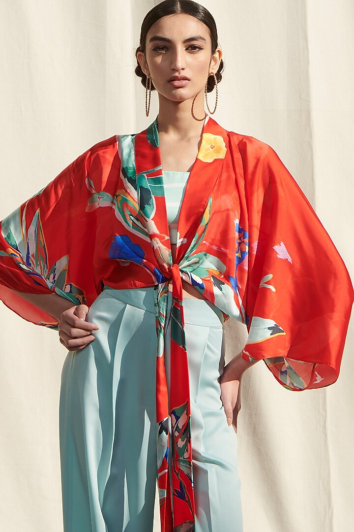 Red & Light Blue Printed Pant Set by Mandira Wirk - Resort at Pernia's Pop Up Shop