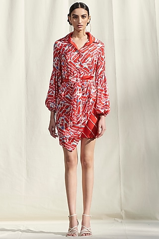 Red Printed Draped Dress by Mandira Wirk - Resort