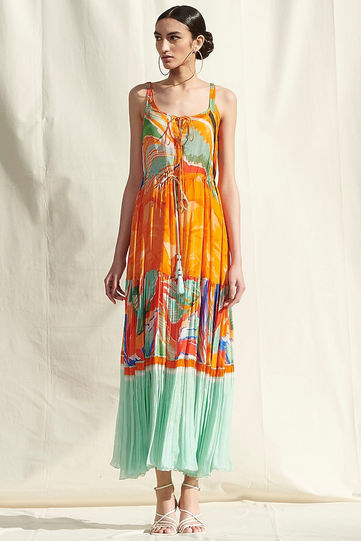 Orange Printed Dress by Mandira Wirk
