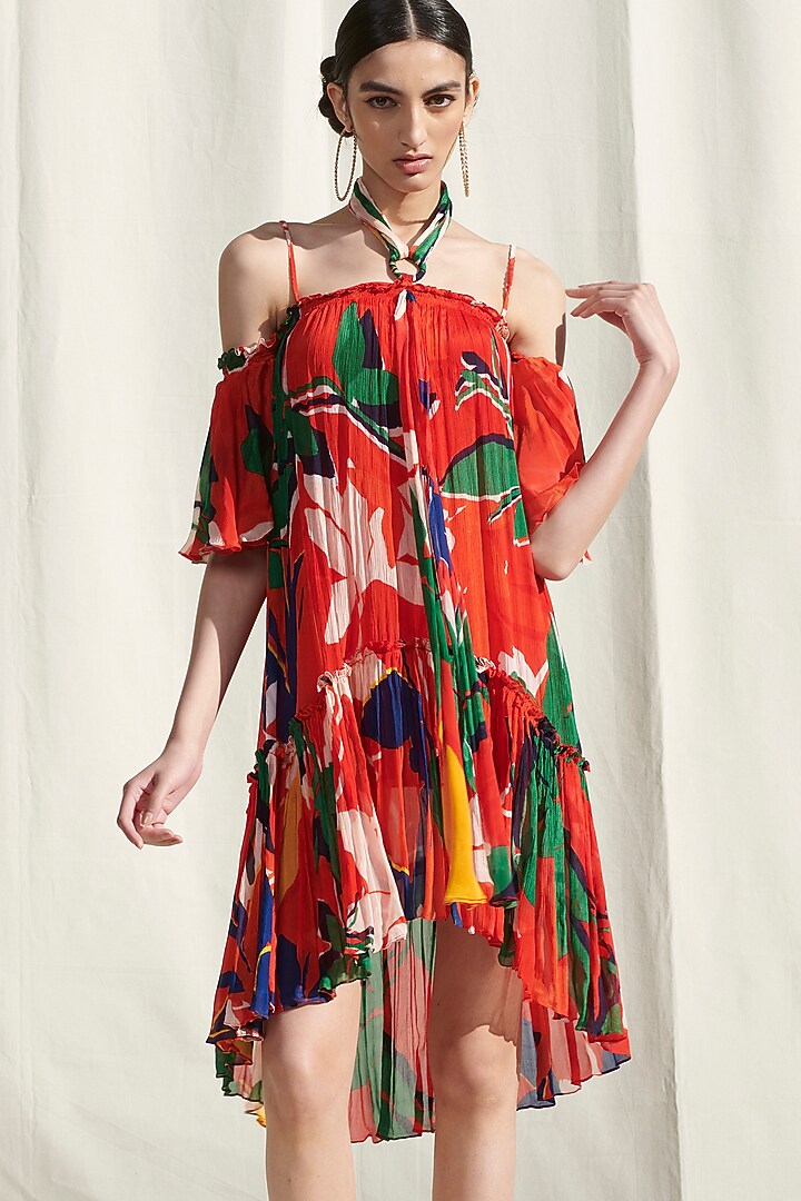 Red Printed Gathered Vacation Dress by Mandira Wirk - Resort at Pernia's Pop Up Shop