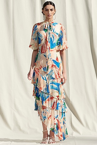White Printed Asymmetric Dress by Mandira Wirk - Resort