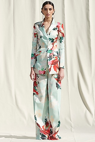 Light Blue Printed Pant Set by Mandira Wirk - Resort