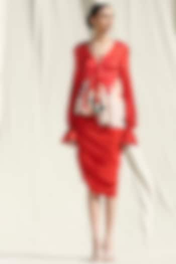 Red Printed Draped Skirt Set by Mandira Wirk