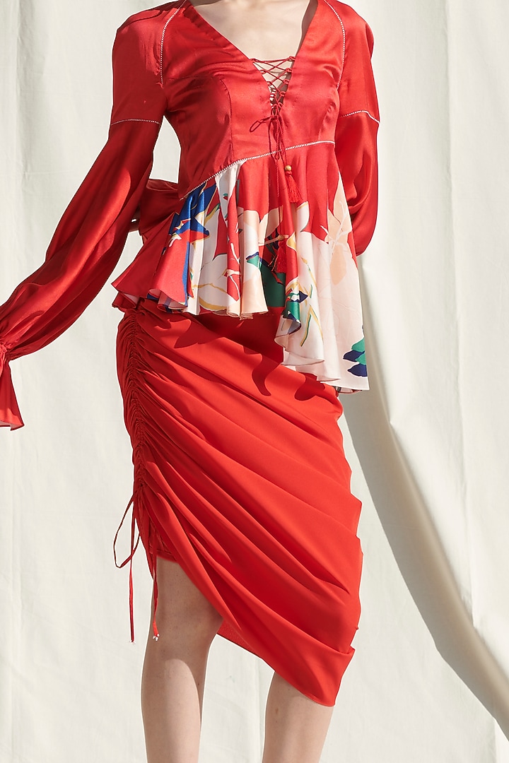 Red Printed Draped Skirt Set by Mandira Wirk - Resort at Pernia's Pop Up Shop