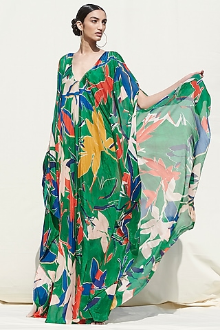 Green Printed Kaftan by Mandira Wirk - Resort