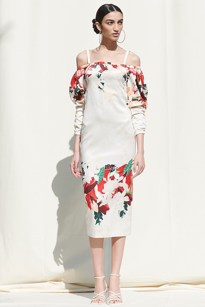 White Printed Off Shoulder Dress by Mandira Wirk