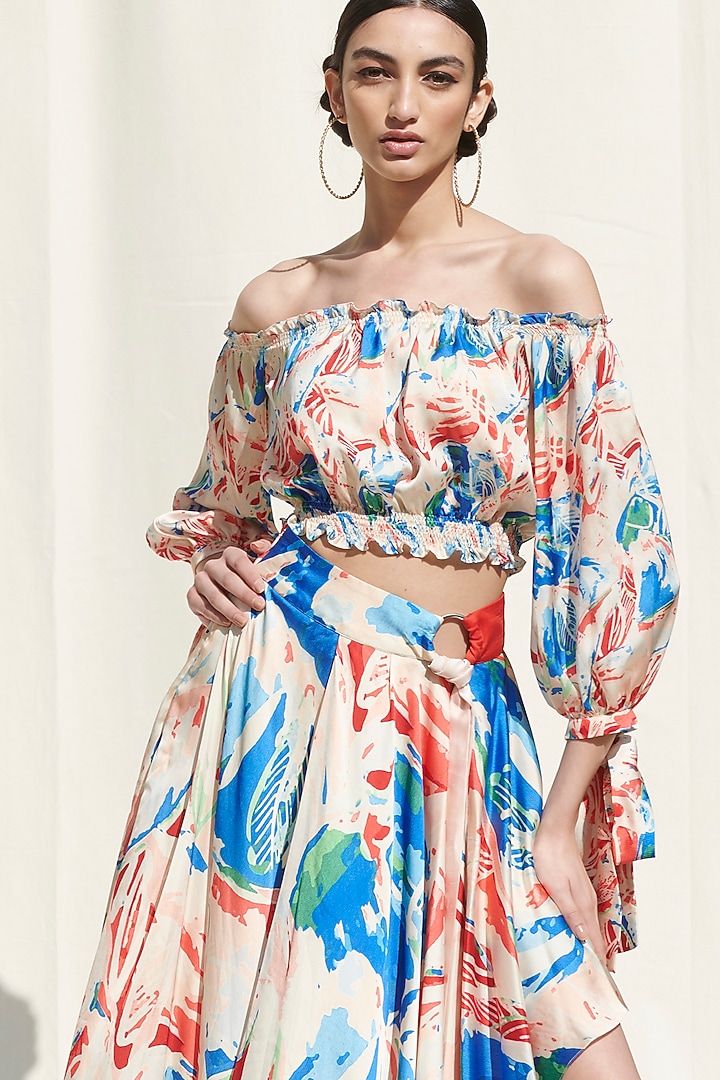 White Printed Off Shoulder Skirt Set by Mandira Wirk - Resort at Pernia's Pop Up Shop