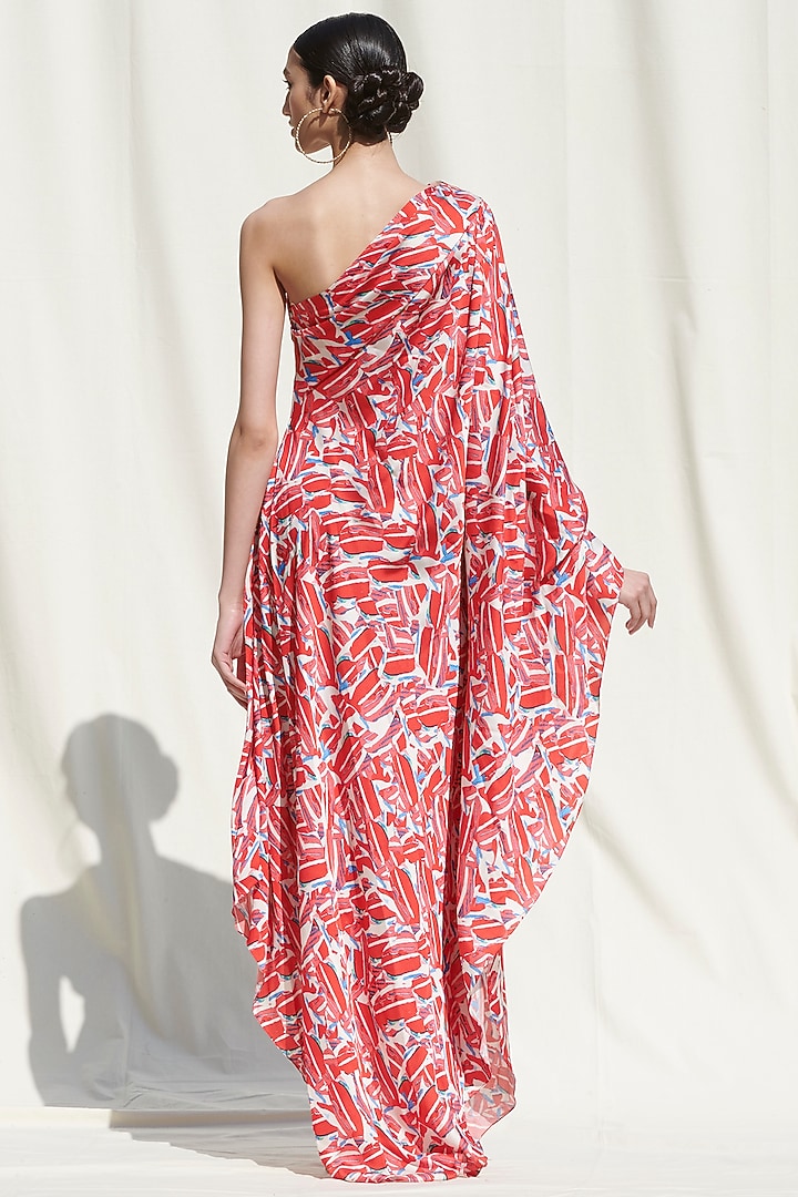 Pink Printed Off Shoulder Draped Vacation Dress by Mandira Wirk - Resort at Pernia's Pop Up Shop