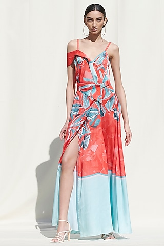 Red Printed Wrap Dress by Mandira Wirk - Resort