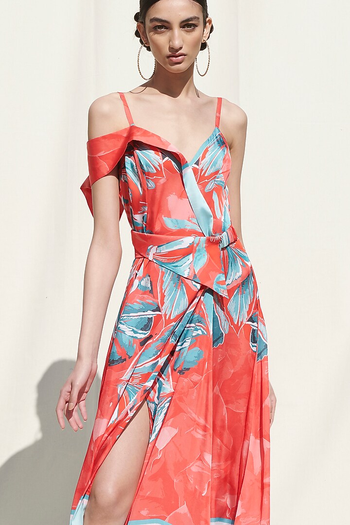 Red Printed Wrap Vacation Dress by Mandira Wirk - Resort at Pernia's Pop Up Shop