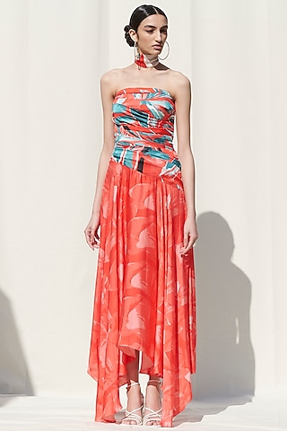 Red Printed Off Shoulder Dress by Mandira Wirk - Resort