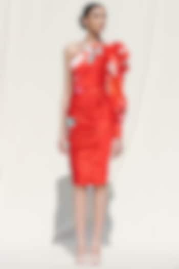 Red Printed One Shoulder Dress by Mandira Wirk