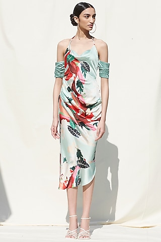 Red Printed Pleated Draped Dress by Mandira Wirk - Resort
