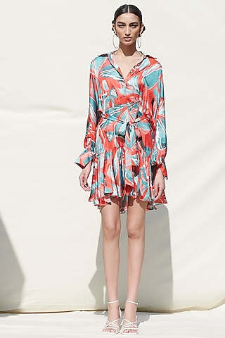 Powder Blue Printed Pleated Dress by Mandira Wirk - Resort