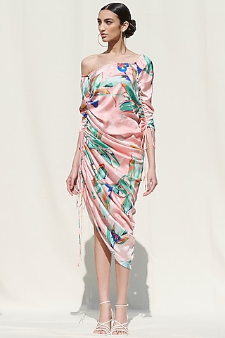 Powder Blue Printed One Shoulder Dress by Mandira Wirk - Resort