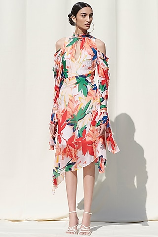 White Printed Tie-Up Dress by Mandira Wirk - Resort