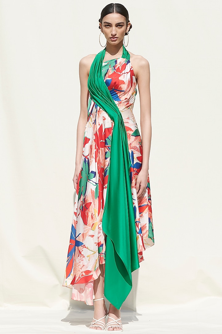 Green Printed Draped Dress by Mandira Wirk