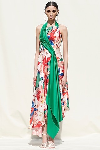 Green Printed Draped Dress by Mandira Wirk - Resort