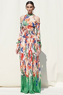 White Printed Smocked Skirt Set by Mandira Wirk - Resort-PRINT ON PRINT