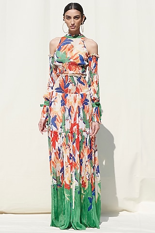 White Printed Smocked Skirt Set by Mandira Wirk - Resort