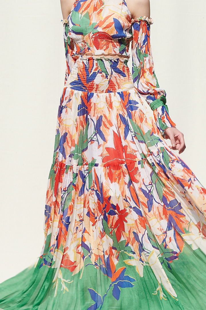 White Printed Smocked Skirt Set by Mandira Wirk - Resort at Pernia's Pop Up Shop