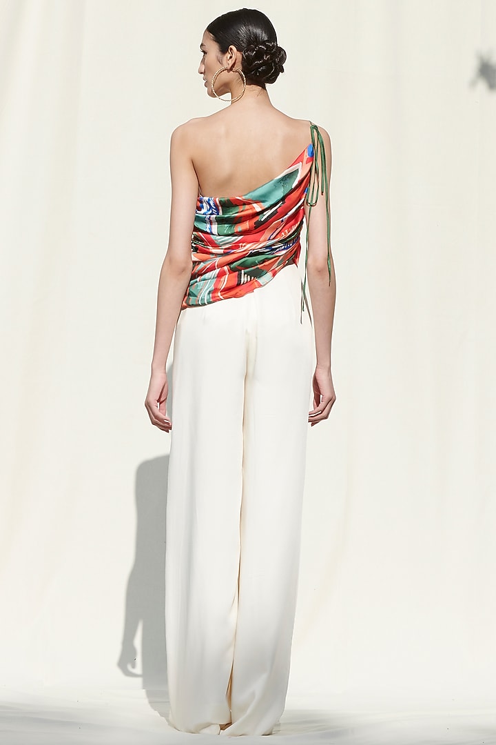 White Printed One Shoulder Pant Set by Mandira Wirk - Resort at Pernia's Pop Up Shop