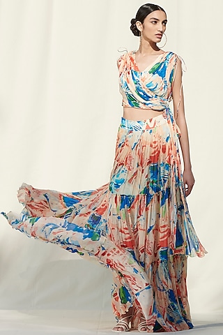 White Printed Draped Skirt Set by Mandira Wirk - Resort