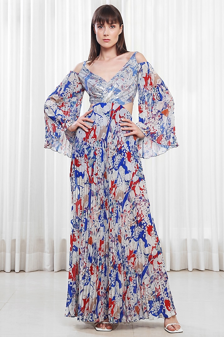 Blue Poly Georgette Printed Pleated Dress by Mandira Wirk