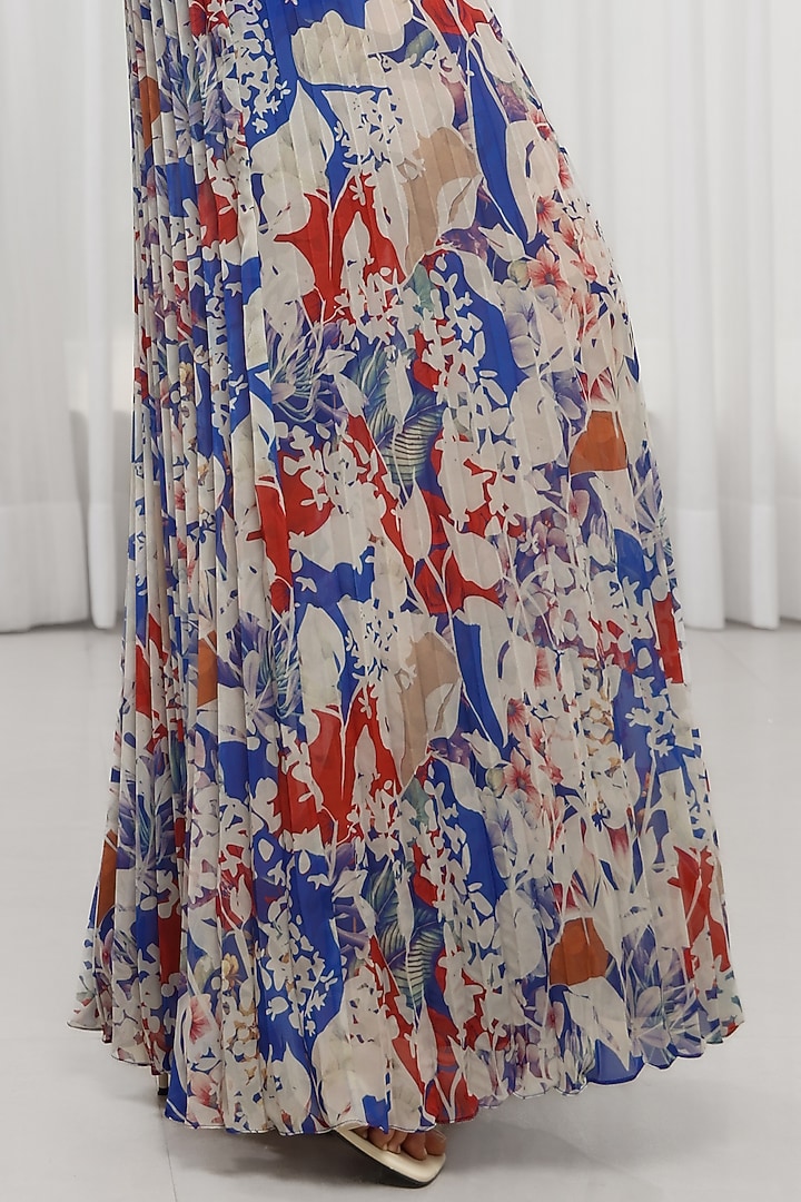 Blue Poly Georgette Printed Pleated Vacation Dress by Mandira Wirk - Resort at Pernia's Pop Up Shop