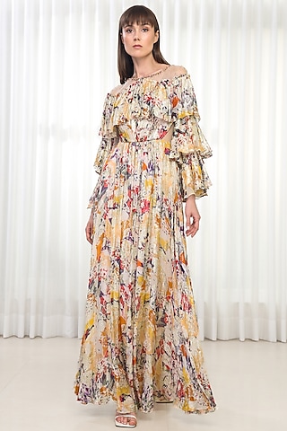 Yellow Brasso & Organza Printed Dress by Mandira Wirk - Resort