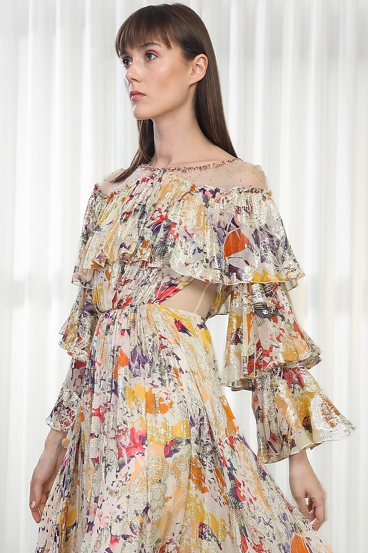 Yellow Brasso & Organza Printed Cocktail Dress by Mandira Wirk - Resort at Pernia's Pop Up Shop