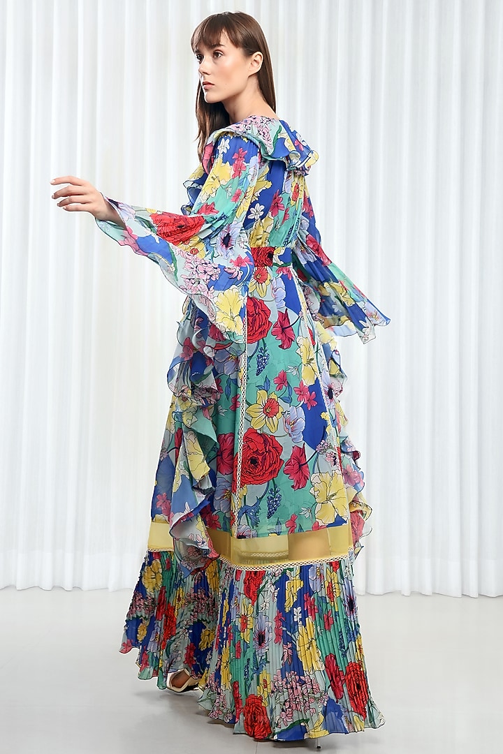 Blue Chiffon & Organza Printed Ruffled Cocktail Dress by Mandira Wirk - Resort at Pernia's Pop Up Shop