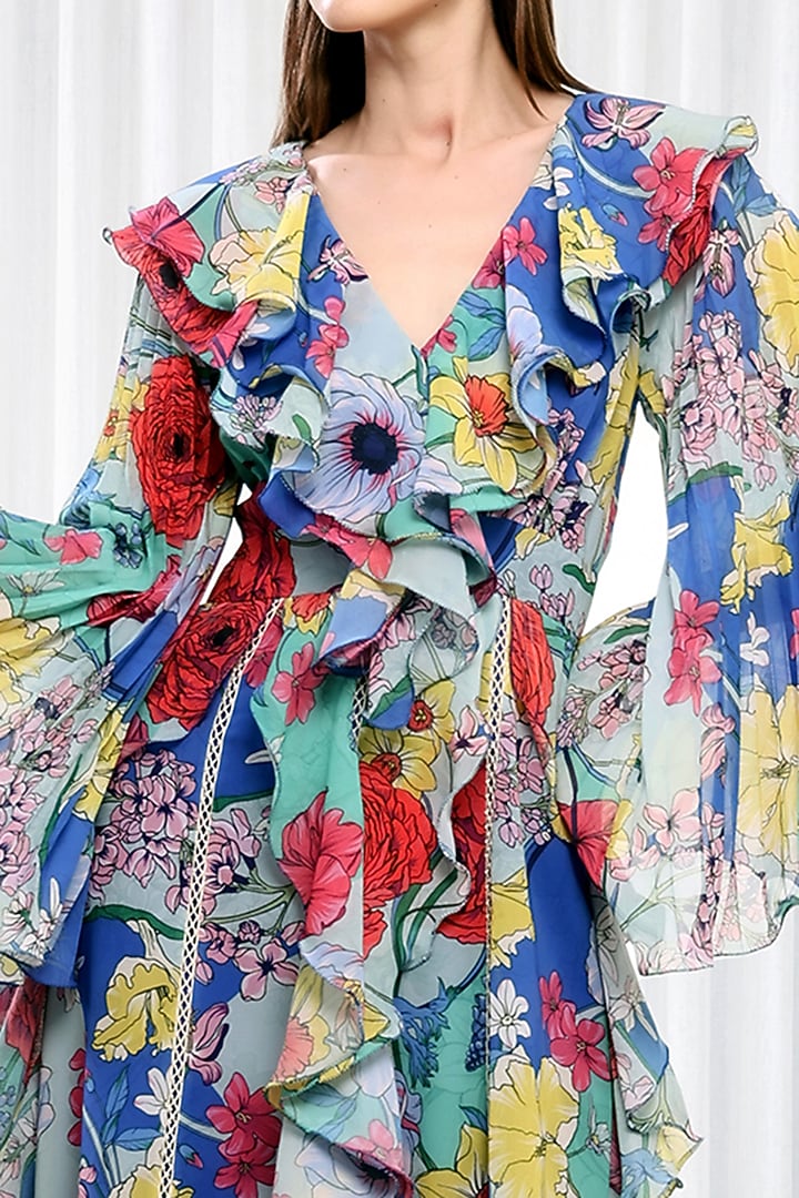 Blue Chiffon & Organza Printed Ruffled Cocktail Dress by Mandira Wirk - Resort at Pernia's Pop Up Shop