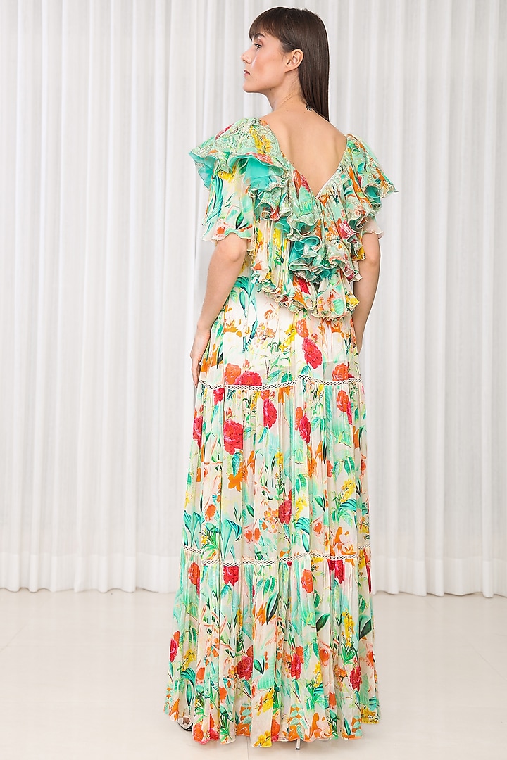 Green Chiffon Printed Tiered Cocktail Dress by Mandira Wirk - Resort at Pernia's Pop Up Shop