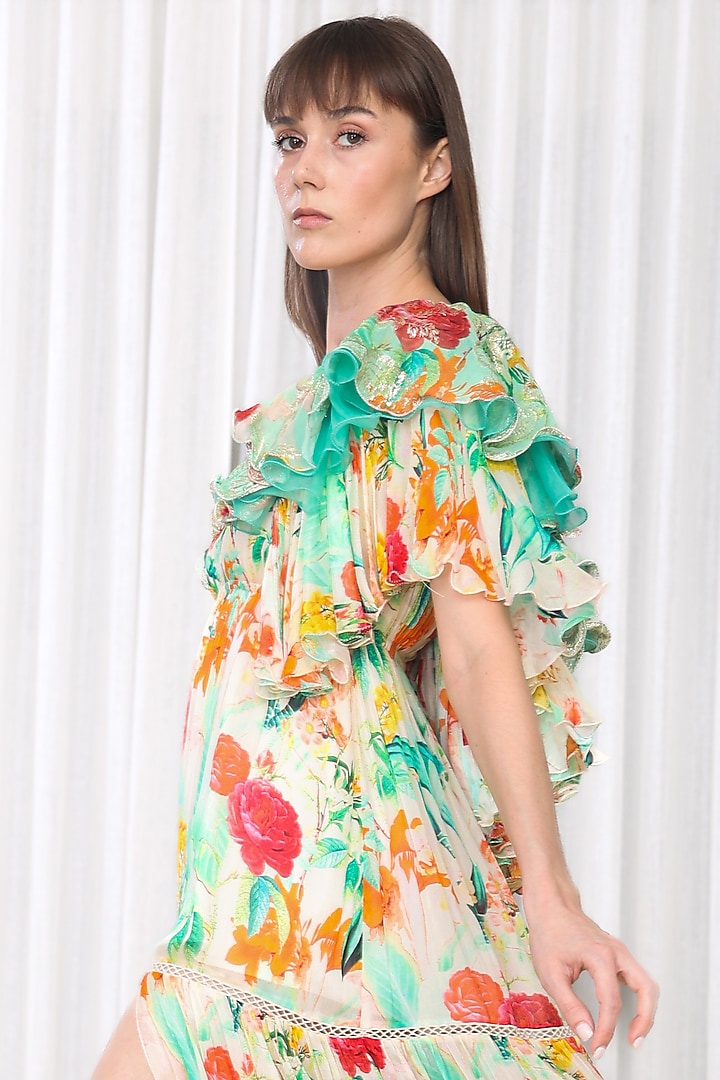 Green Chiffon Printed Tiered Cocktail Dress by Mandira Wirk - Resort at Pernia's Pop Up Shop