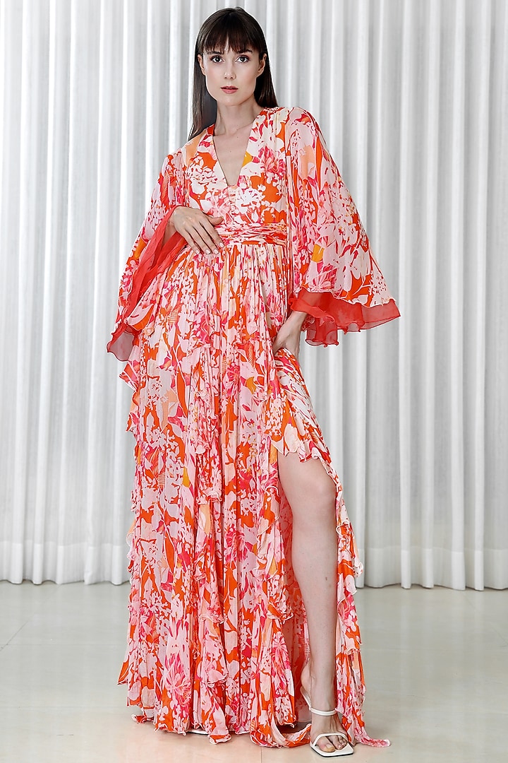 Orange Chiffon & Organza Printed Ruffled Dress by Mandira Wirk