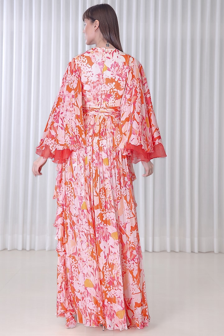 Orange Chiffon & Organza Printed Ruffled Cocktail Dress by Mandira Wirk - Resort at Pernia's Pop Up Shop
