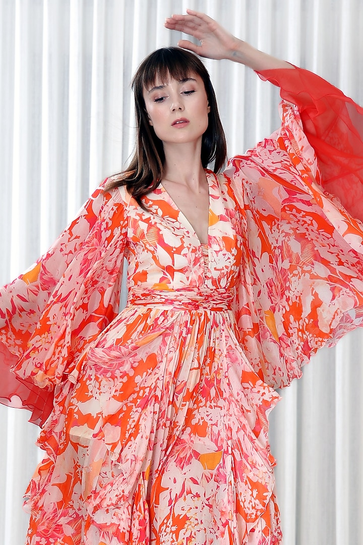 Orange Chiffon & Organza Printed Ruffled Cocktail Dress by Mandira Wirk - Resort at Pernia's Pop Up Shop