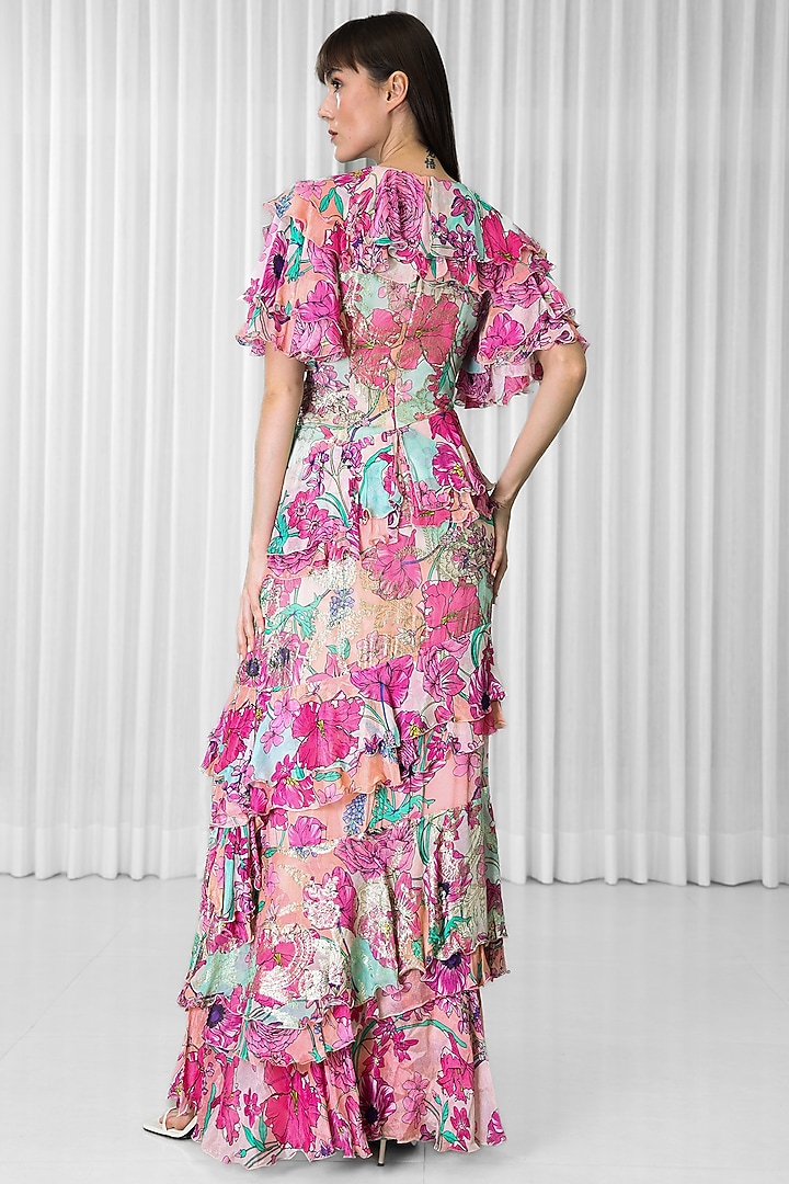 Purple Chiffon & Brasso Printed Ruffled Cocktail Dress by Mandira Wirk - Resort at Pernia's Pop Up Shop